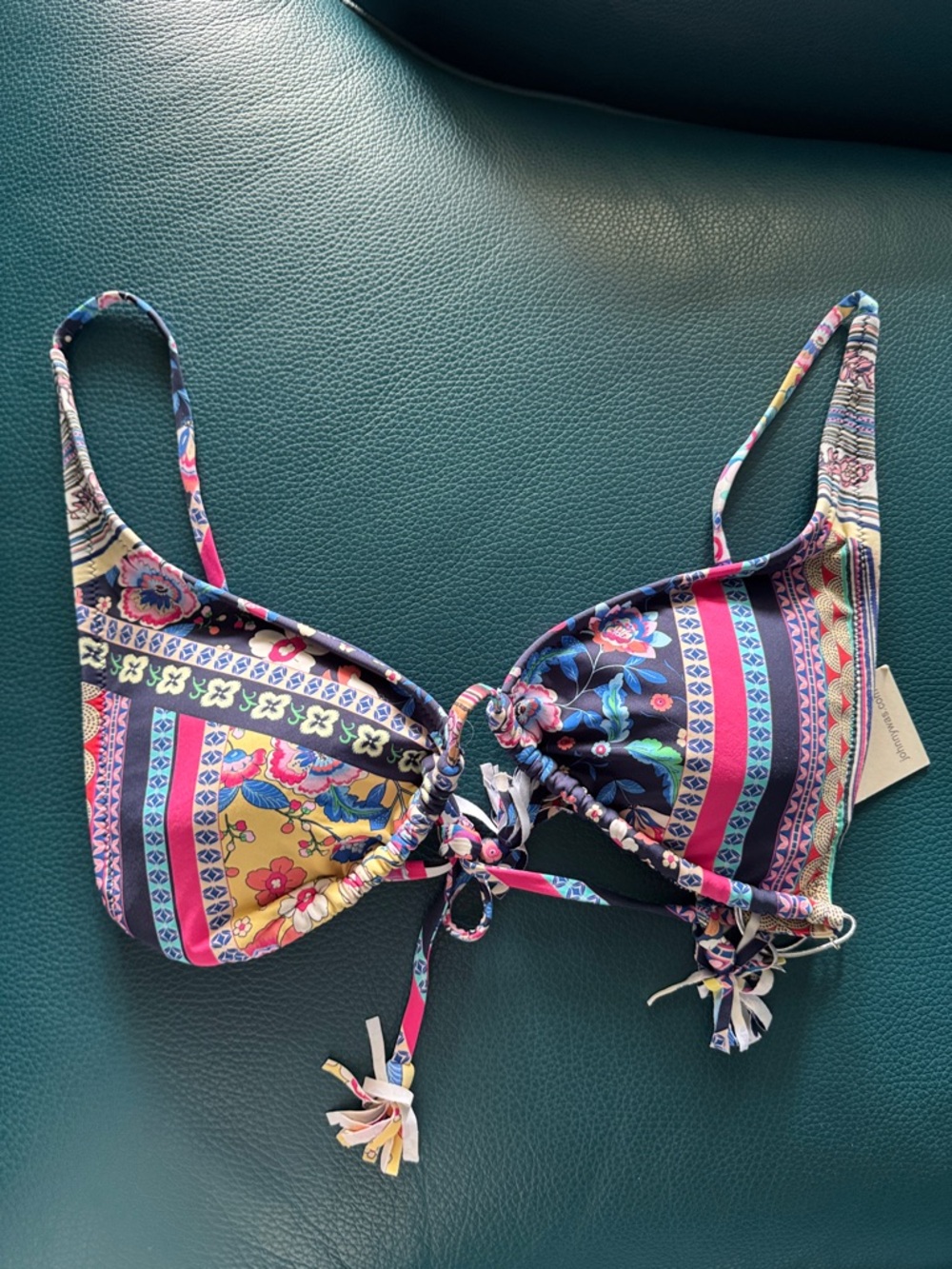 Johnny Was Teal Tassel Floral Alaina Bikini Top, Size Small